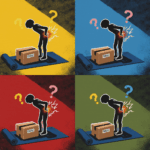 A square-format image. The style of the image should be as if Andy Warhol had painted it. The canvas should show a yoga mat, an online package to be sent, and a human silhouette standing slightly bent over with back pain. The pain in the back should be depicted with light, so that a few rays emanating from it can be seen. Three question marks should be shown around the person's head.