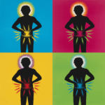 A square-format image. The style of the image should be as if Andy Warhol had painted it. Preferably 4 images in one with different colors. The canvas should show the silhouette of a person with back pain, their hands holding their back, but standing upright. The pain in the back should be depicted with light, so that a few rays emanating from it can be seen. Furthermore, the person's head should appear to be illuminated by a shimmering halo.