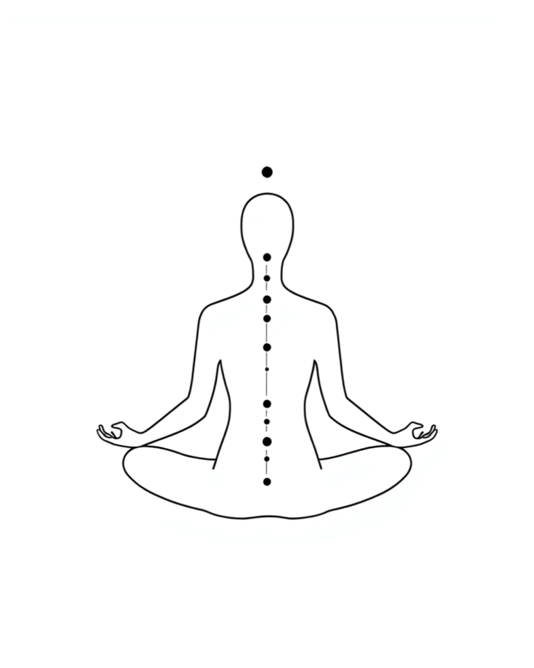 Minimalistische Line-Art Illustration einer meditierenden Figur mit Chakren-Punkten
