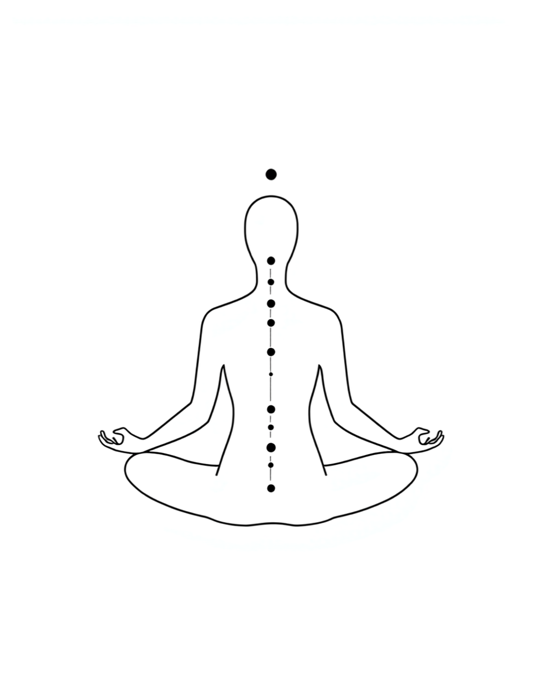 Minimalistische Line-Art Illustration einer meditierenden Figur mit Chakren-Punkten