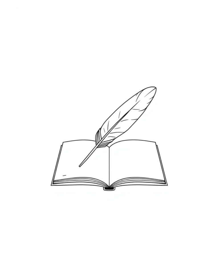 Minimalistische Line-Art Illustration einer Feder auf einem Notizbuch