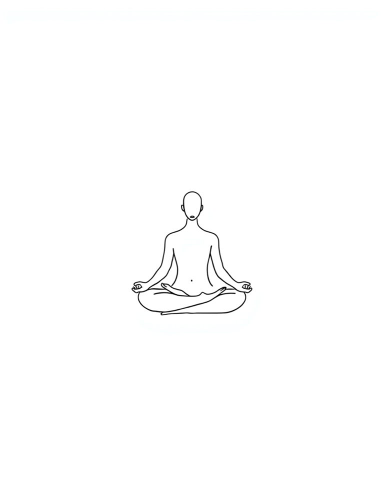 Minimalistische Line-Art Illustration einer meditierenden Figur im Schneidersitz