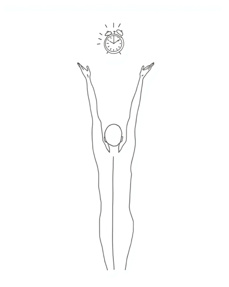 Minimalistische Line-Art Illustration: eine Figur streckt sich von hinten mit erhobenen Armen einem klingelnden Wecker entgegen