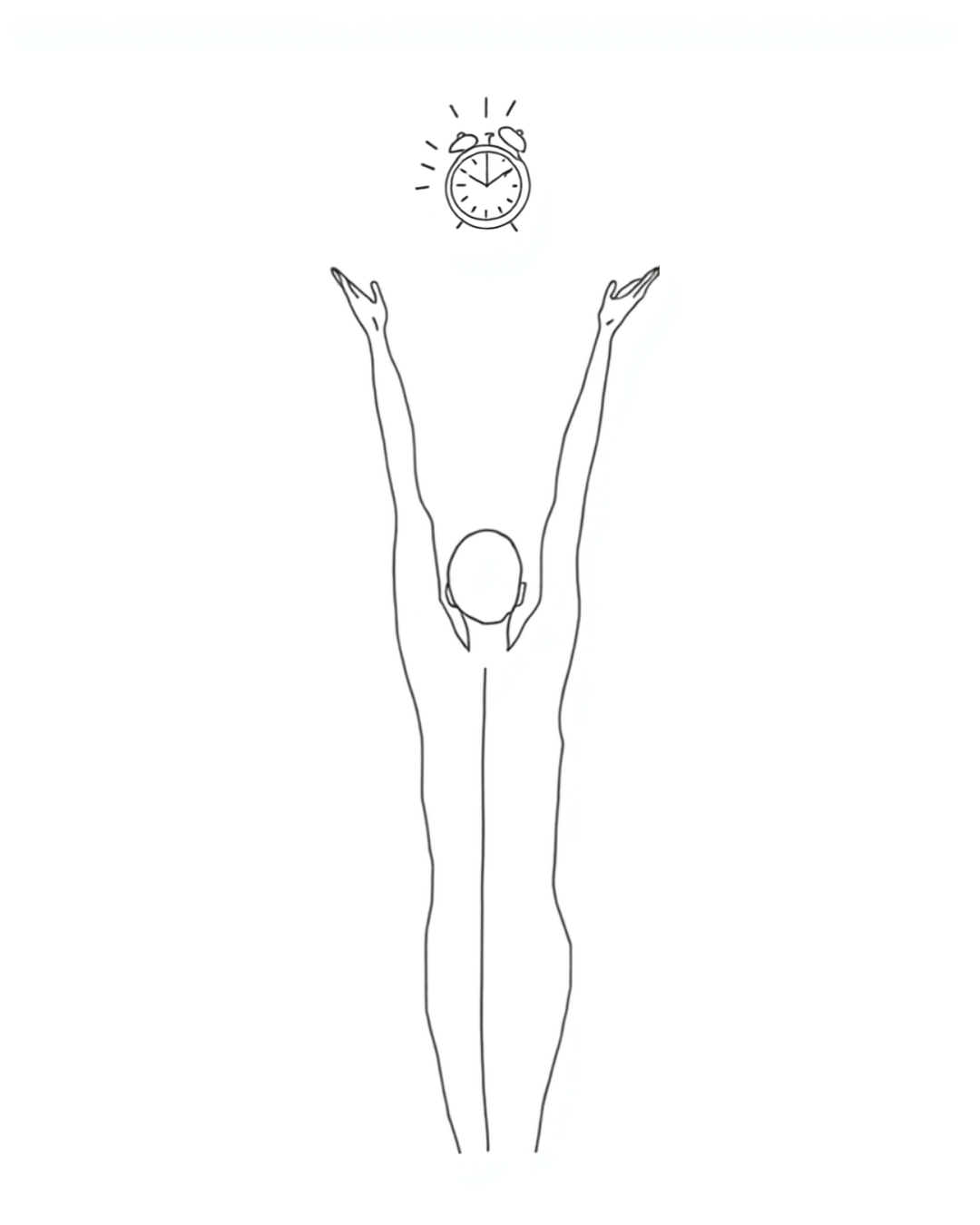 Minimalistische Line-Art Illustration: eine Figur streckt sich von hinten mit erhobenen Armen einem klingelnden Wecker entgegen